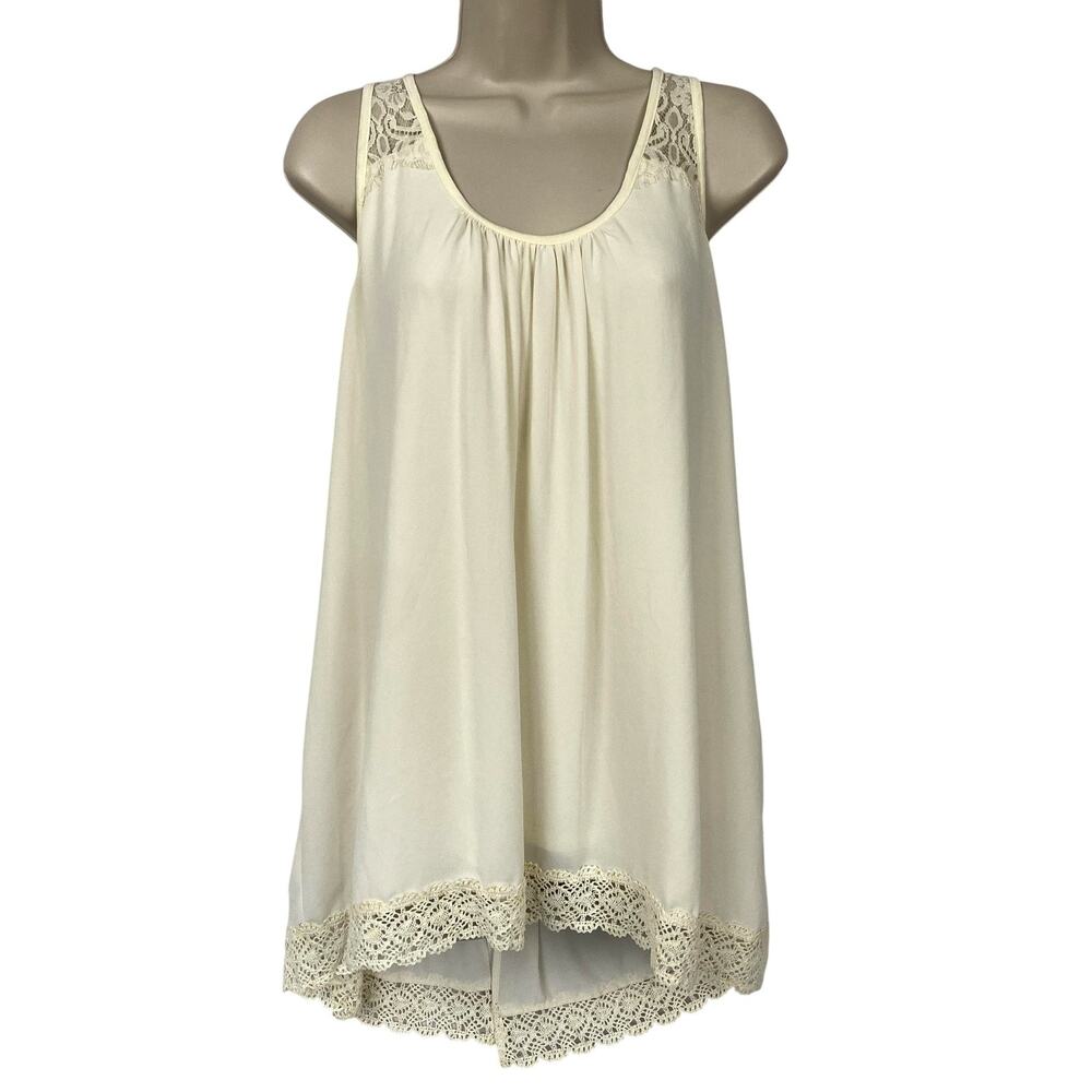 Karen Kane Top Small Beige Lace Crochet Hi Low Tunic Flowy Oversized Split Back